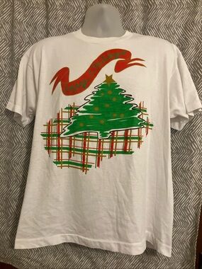 Vtg Christmas Tree Green Red Happy Holidays T-Shirt White Size XL Single Stitch